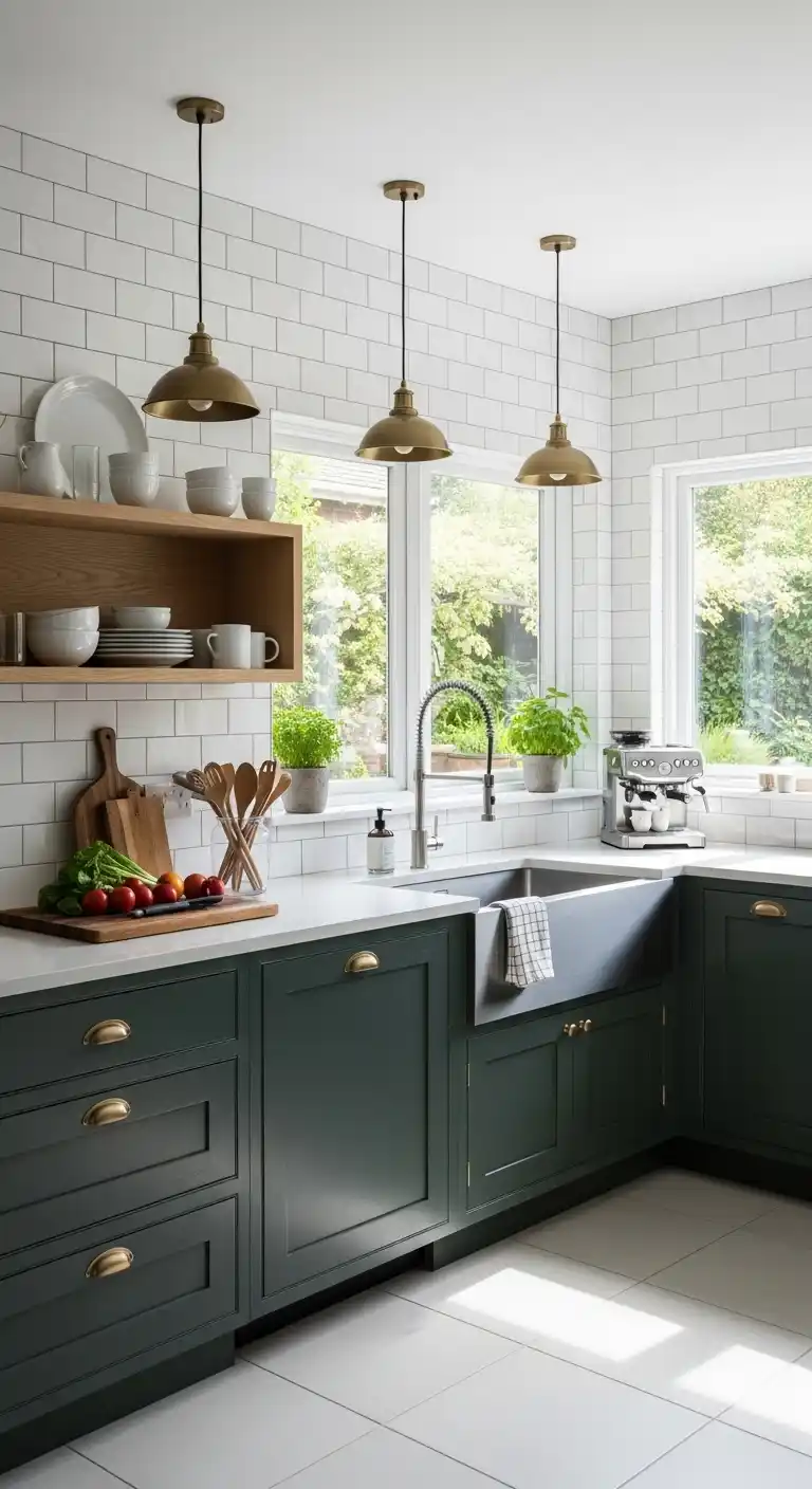 Green Cabinets with White Subway Tile