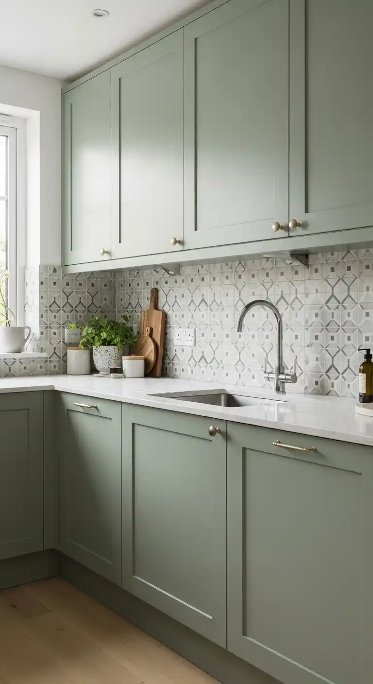 Sage Green Cabinets with Patterned Backsplash