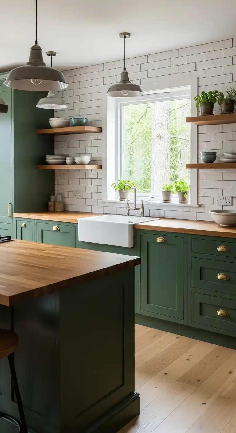 Forest Green Cabinets with Wooden Countertops