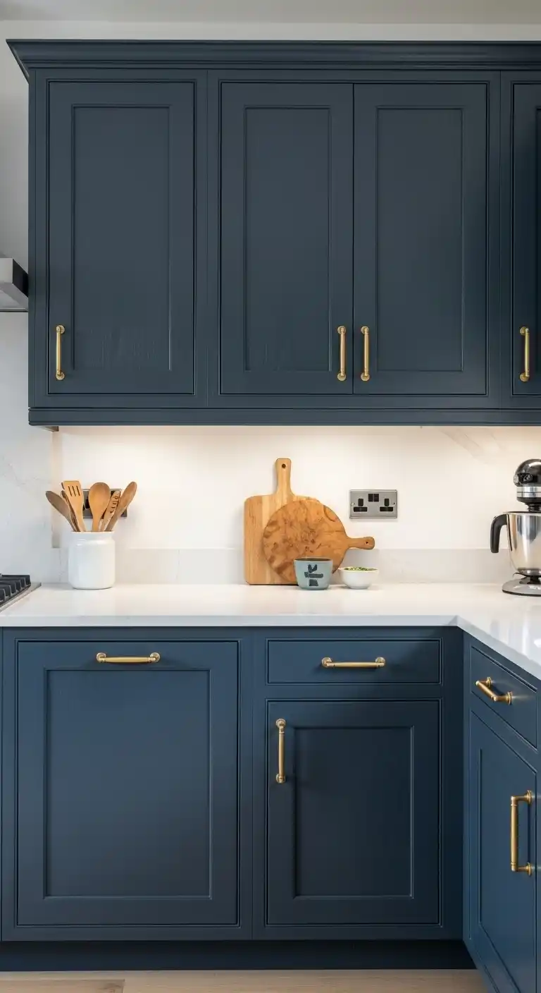 Matte Navy Blue Kitchen Cabinets with Brass Handles