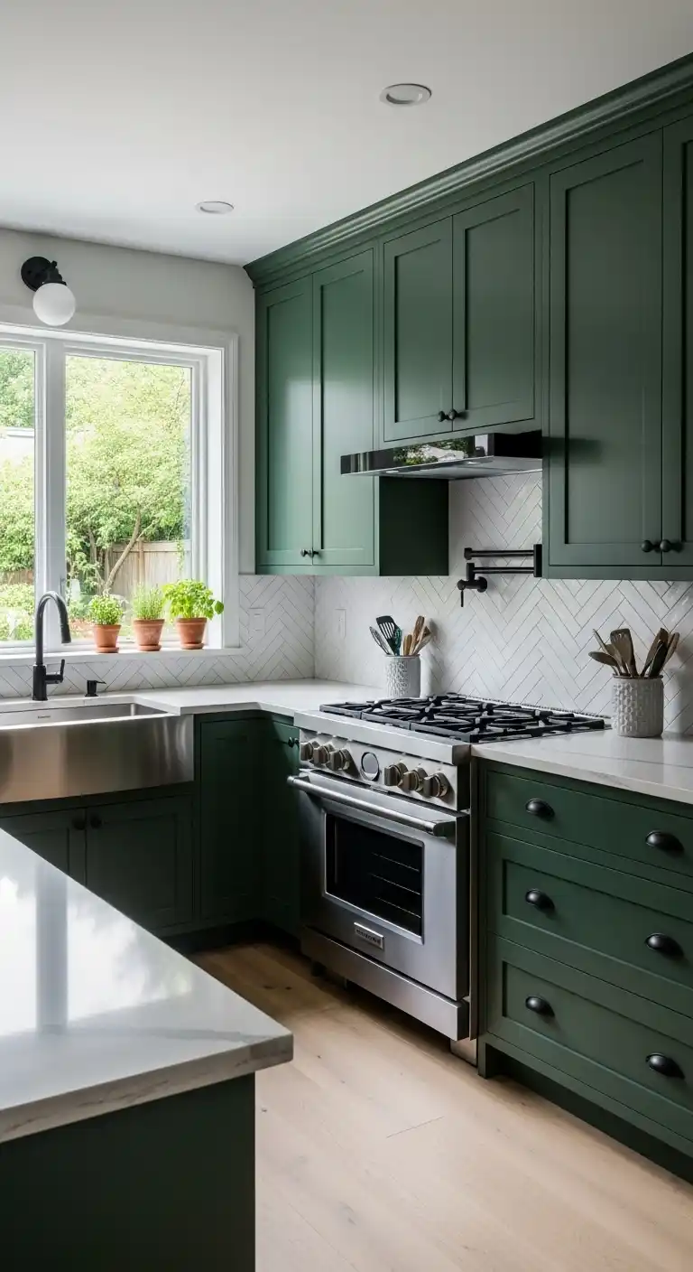 Green Cabinets with Black Hardware