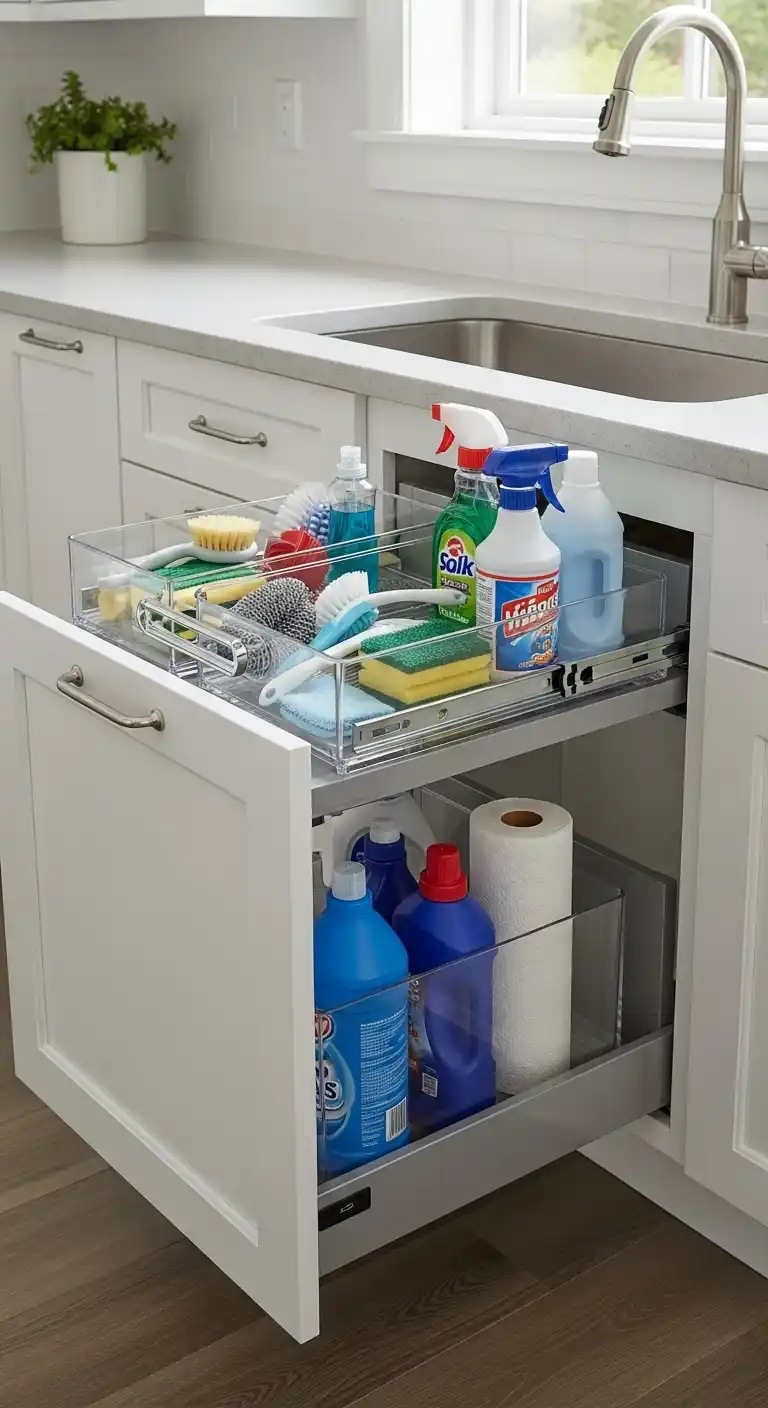 Slide-Out Bins for Cleaning Supplies