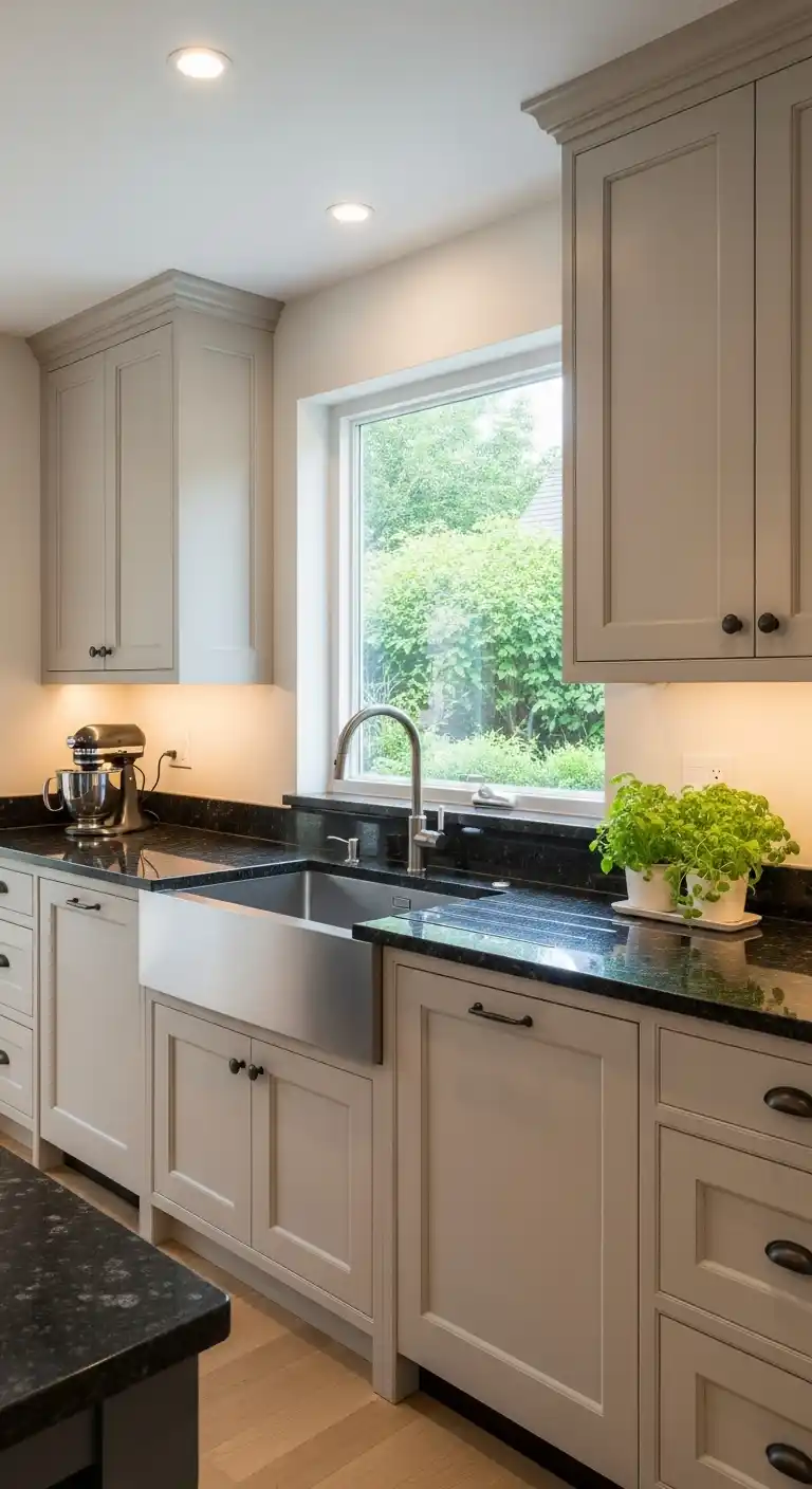 Beige Kitchen Cabinet Paired With Dark Countertops