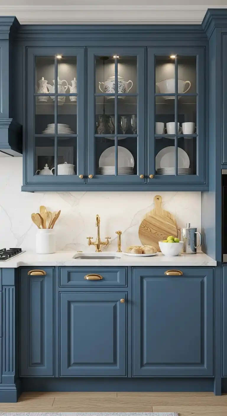 Blue Kitchen Cabinets with Glass-Front Doors
