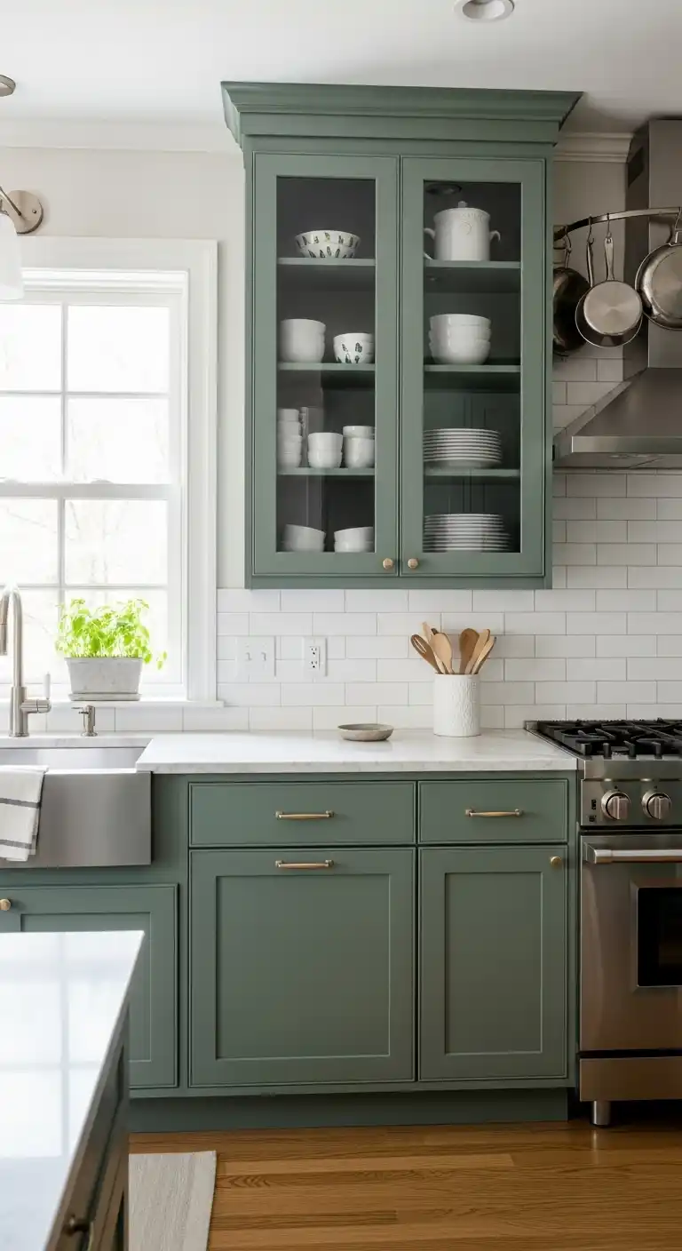 Green Cabinets with Glass Doors