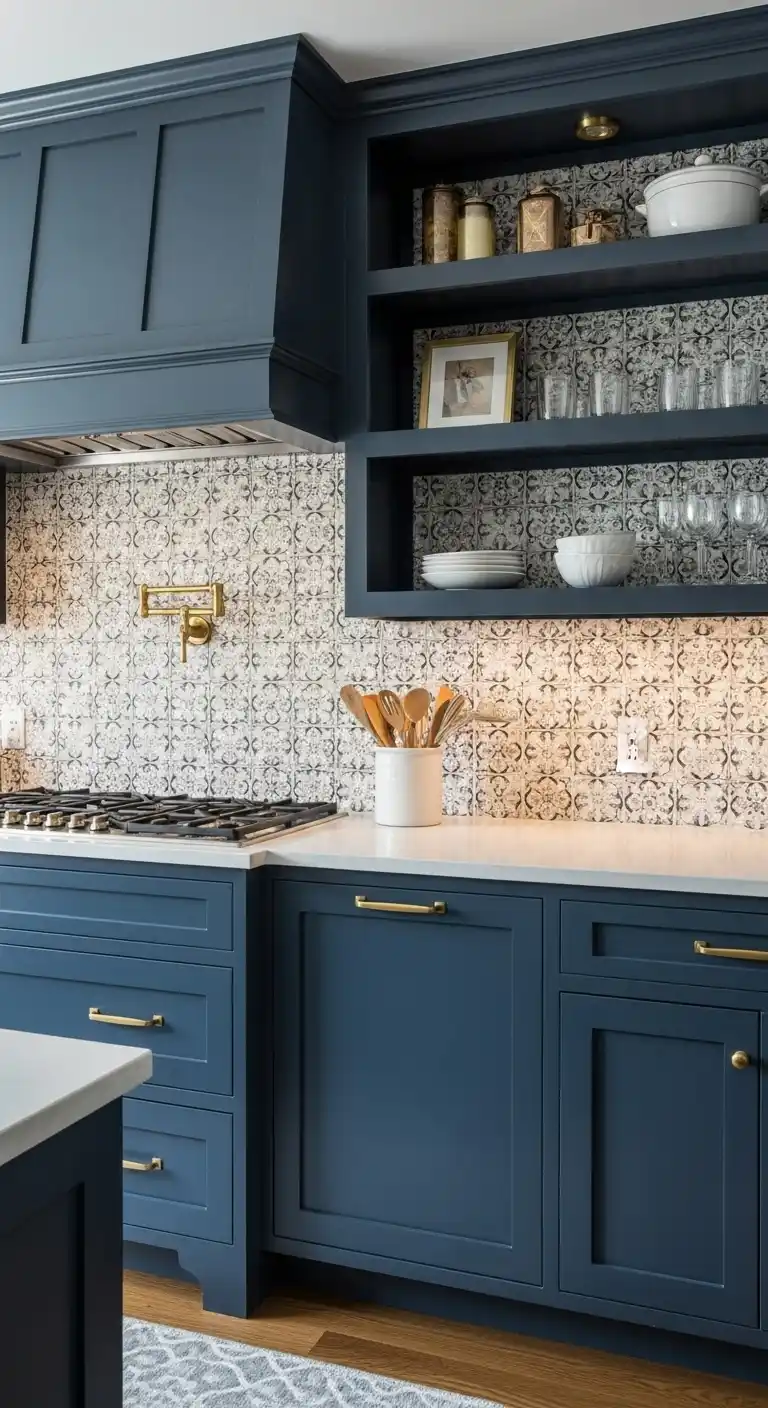 Navy Cabinets With Patterned Backsplash