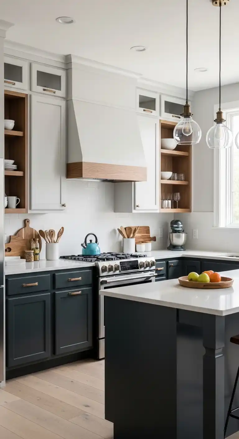 Two-Tone Cabinets with Wood Accents