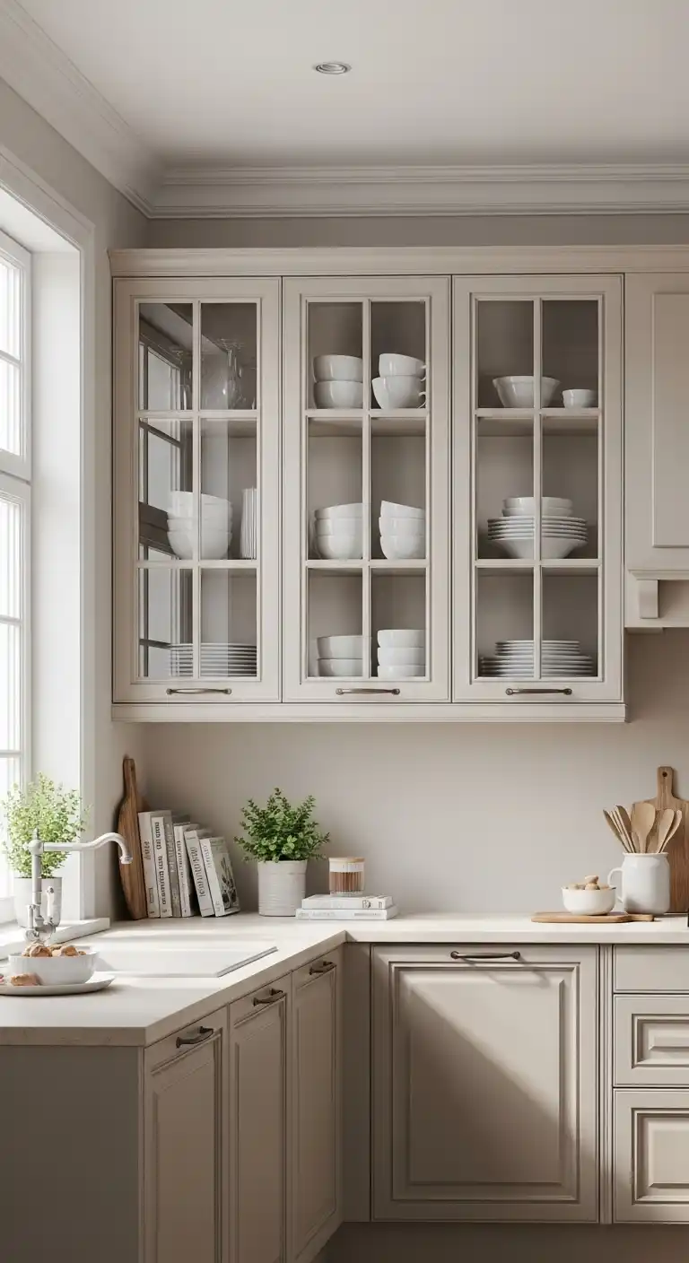 Beige Kitchen Cabinet With Glass-Front Details