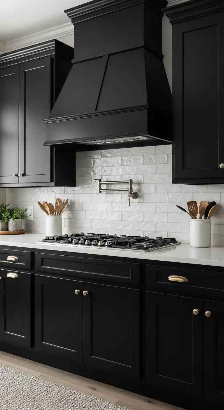 Black Kitchen Cabinets With Textured Backsplashes