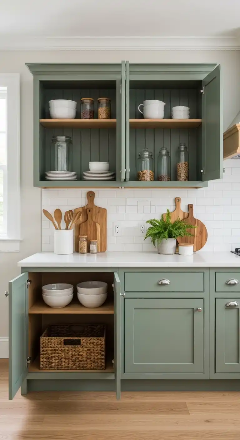 Classic Green Cabinets with Open Shelving