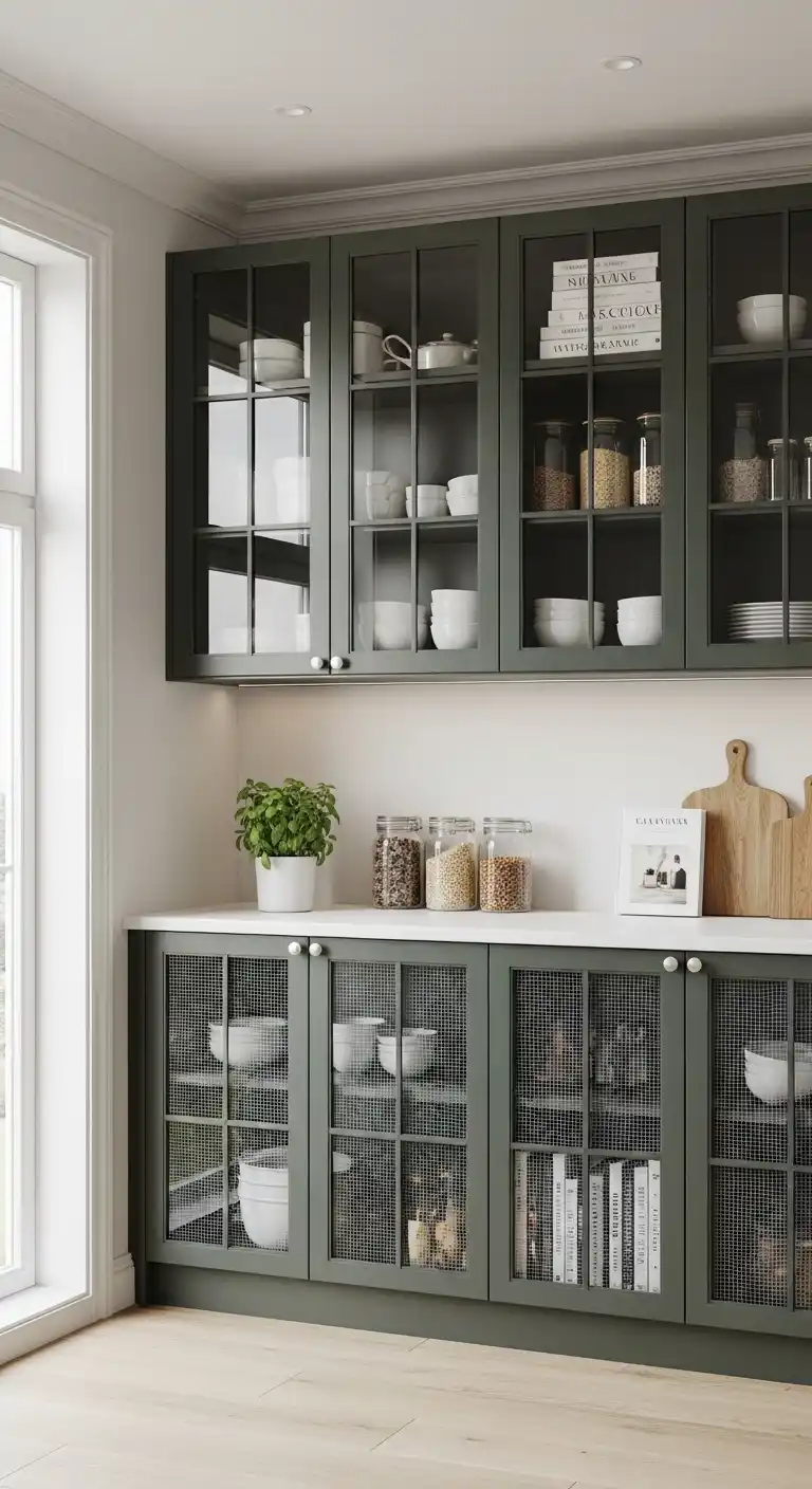 Crosshatched Glass Cabinets for Structured Design