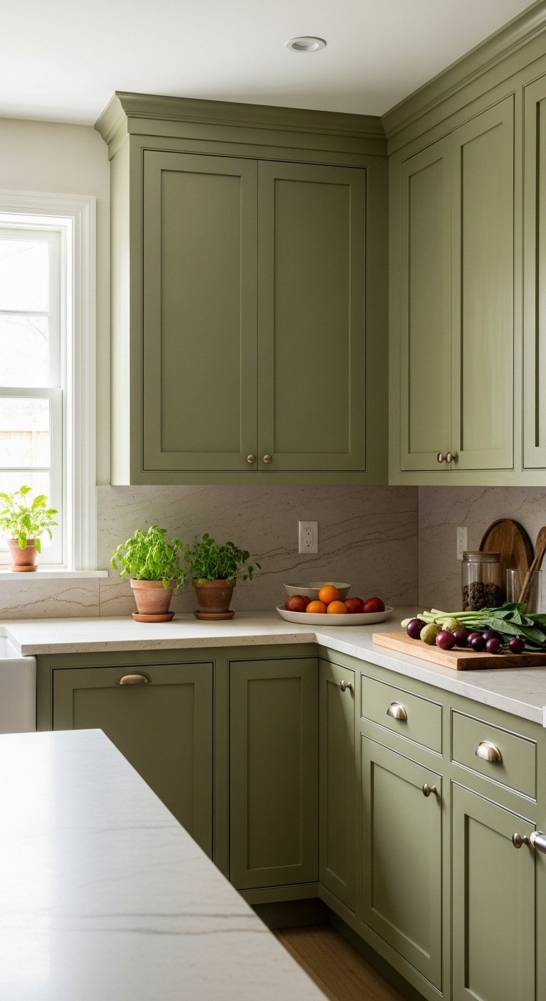 Earthy Olive Kitchen Cabinet Repaint For Organic Depth