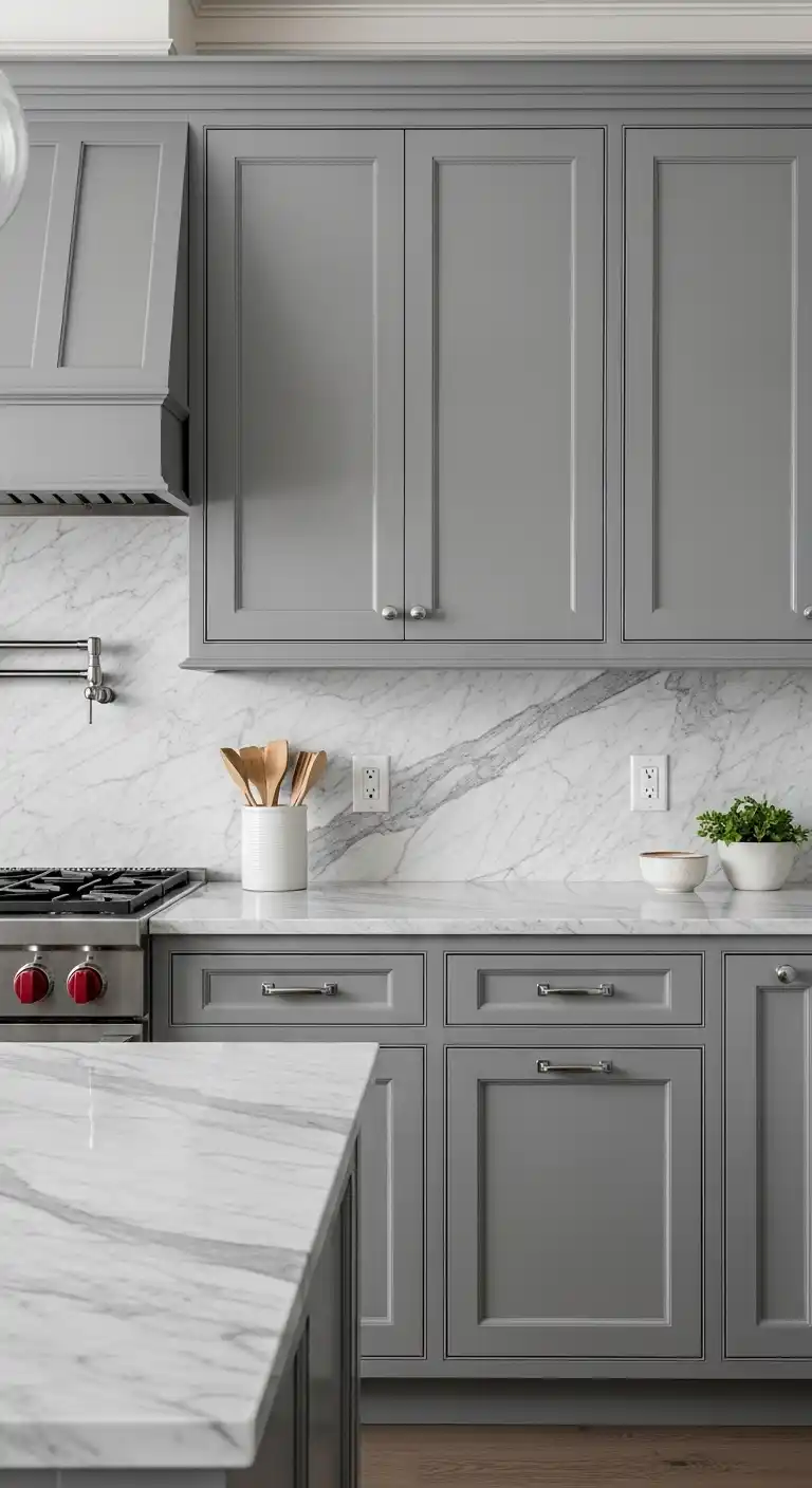 Gray Cabinets with Marble Countertops