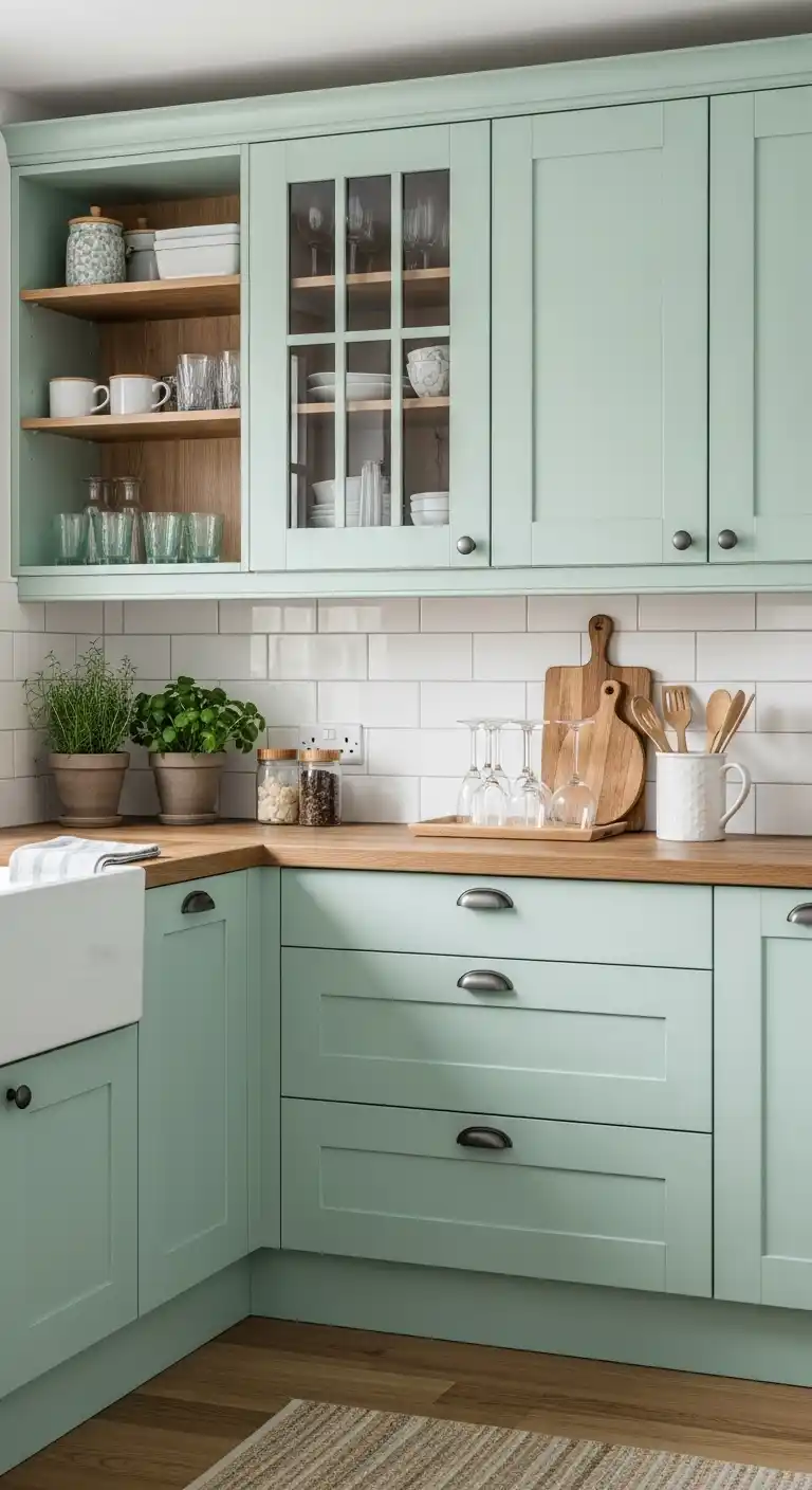 Mint Green with Natural Wood Cabinets