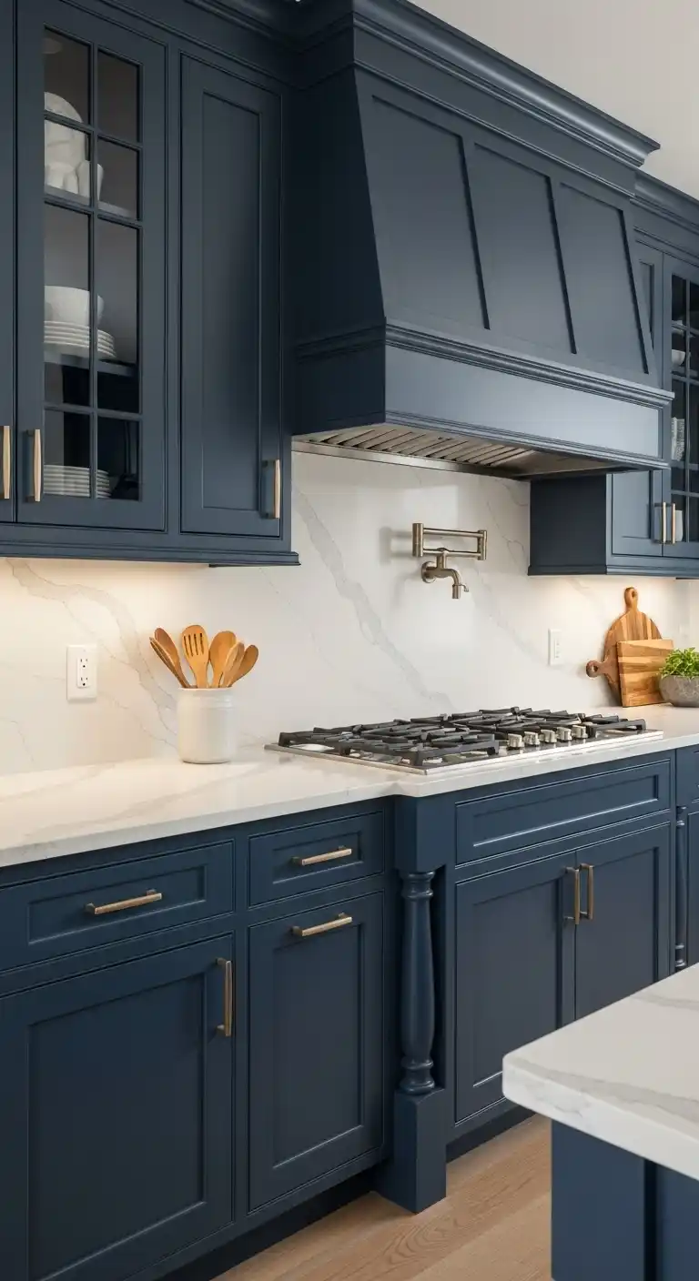 Navy Cabinets With Quartz Countertops