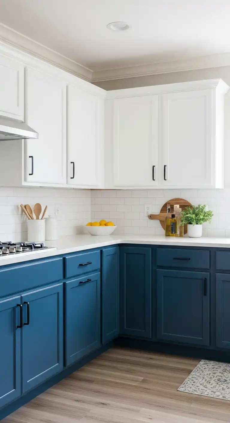 Two Tone Blue Kitchen Cabinets with White Upper Cabinets