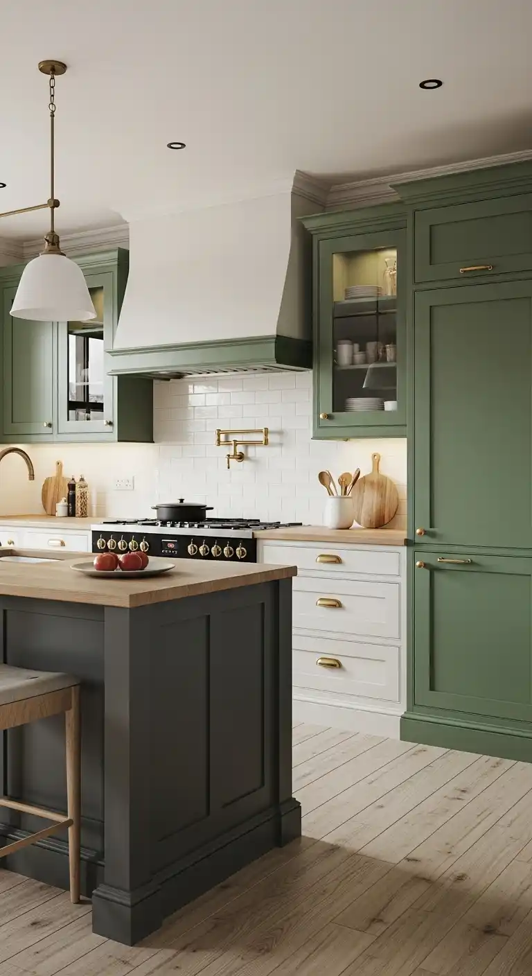 Green Cabinets with Contrasting Island