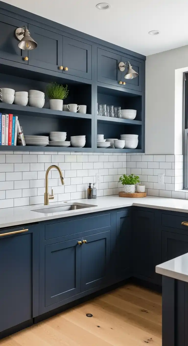Navy Blue Kitchen Cabinets with Open Shelving