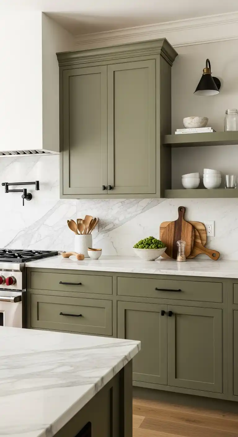 Olive Green Cabinets with Marble Countertops