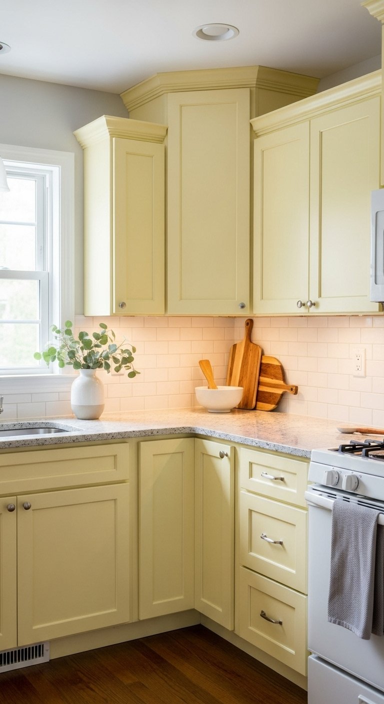 Pale Yellow Kitchen Cabinet Repaint For Subtle Cheer