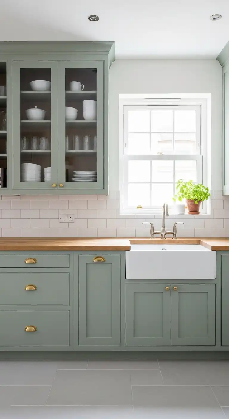 Sage Green Cabinets with Glass Doors