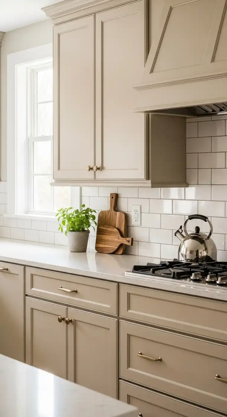 Warm Beige Kitchen Cabinet With Subway Tile Backsplash