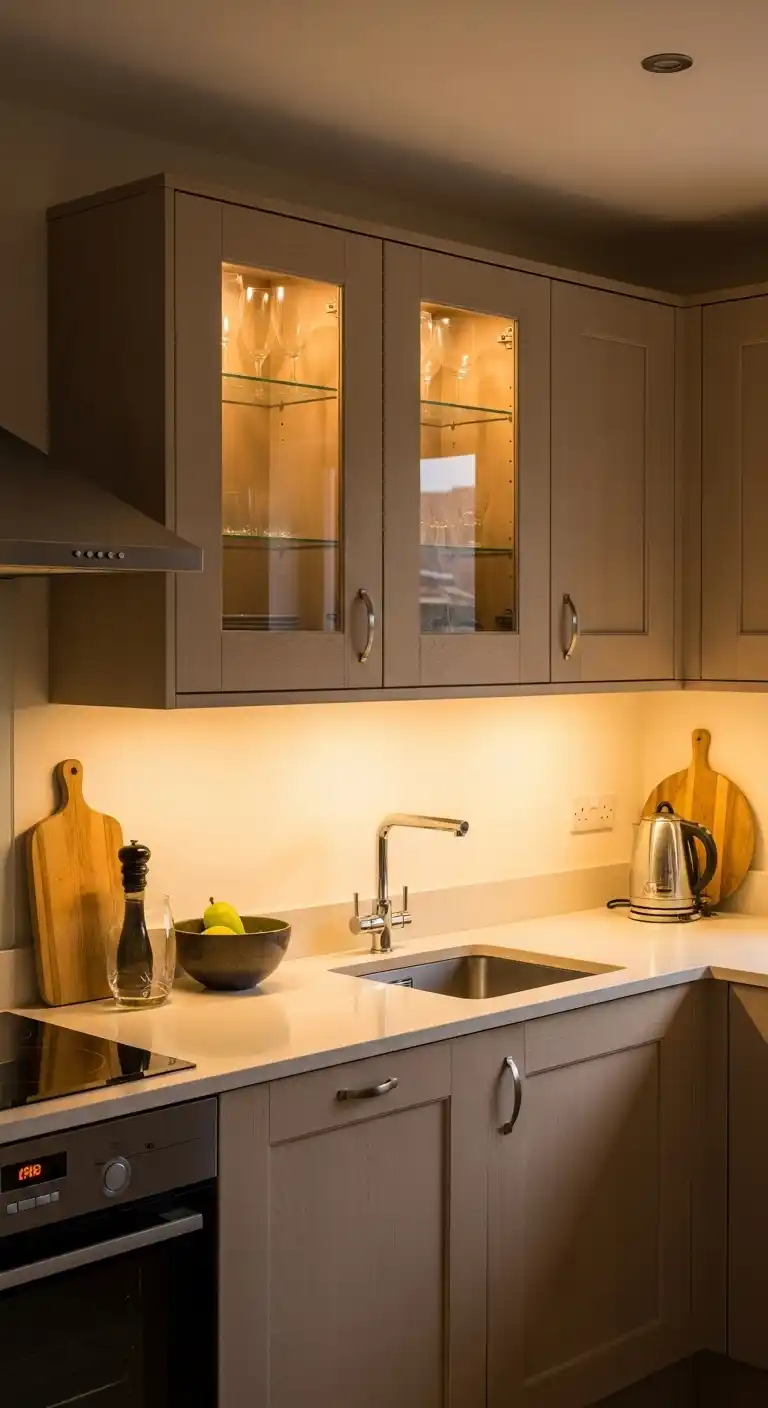 Beige Kitchen Cabinet With Integrated Lighting Features