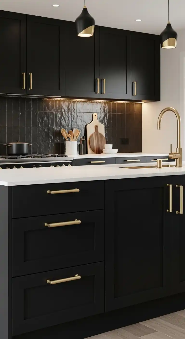 Black Cabinets with Metallic Hardware