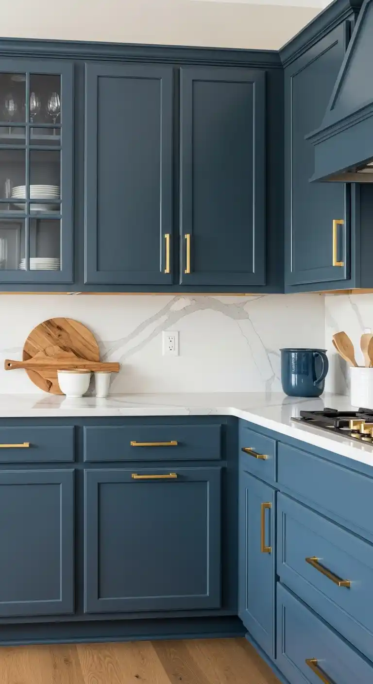 Blue Kitchen Cabinets with Gold Hardware