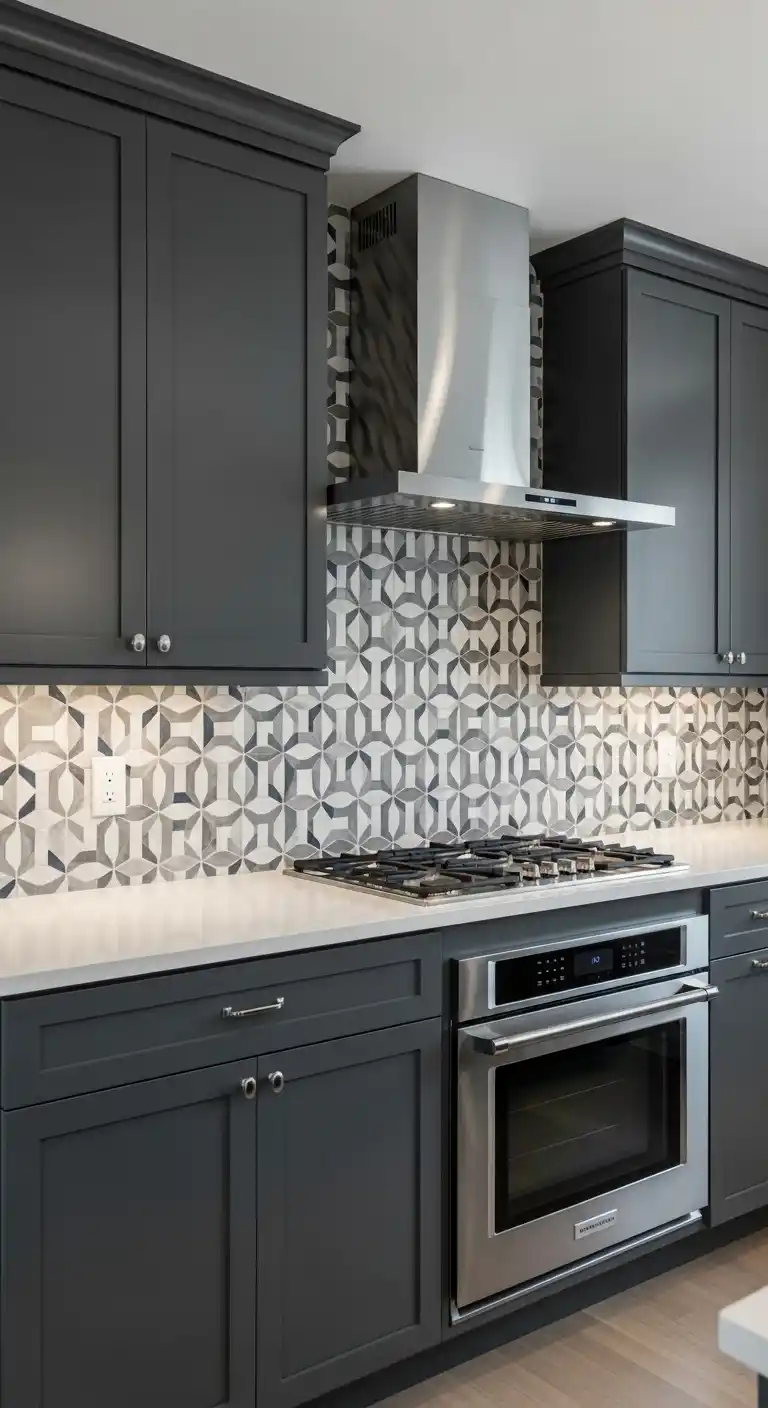 Gray Cabinets with Patterned Tile Accents