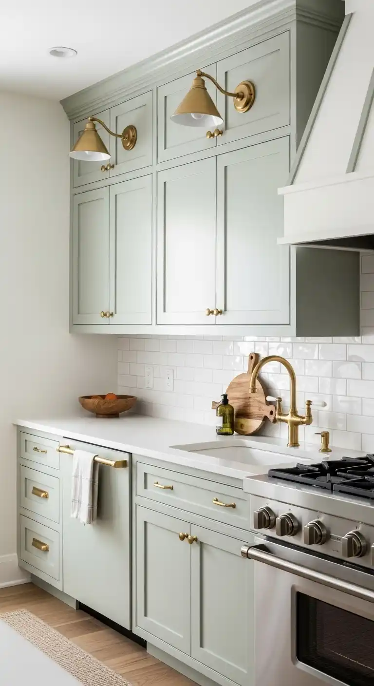 Sage Green Cabinets with Brass Accents