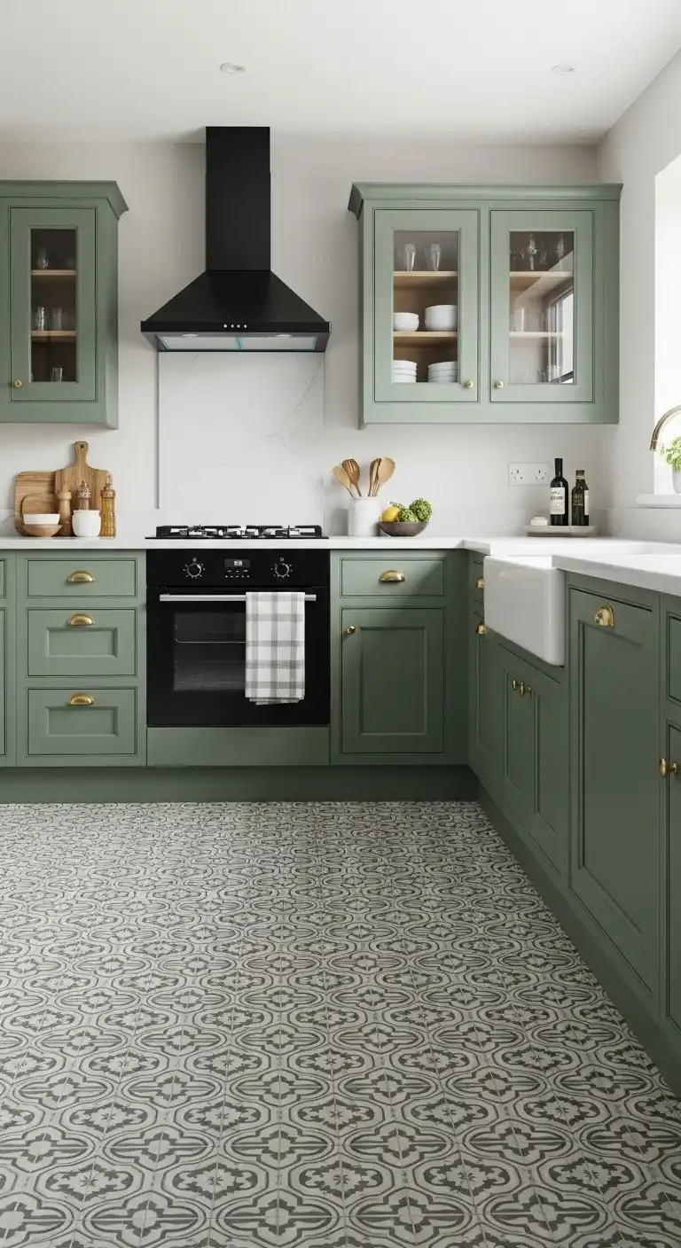Green Cabinets with Patterned Flooring