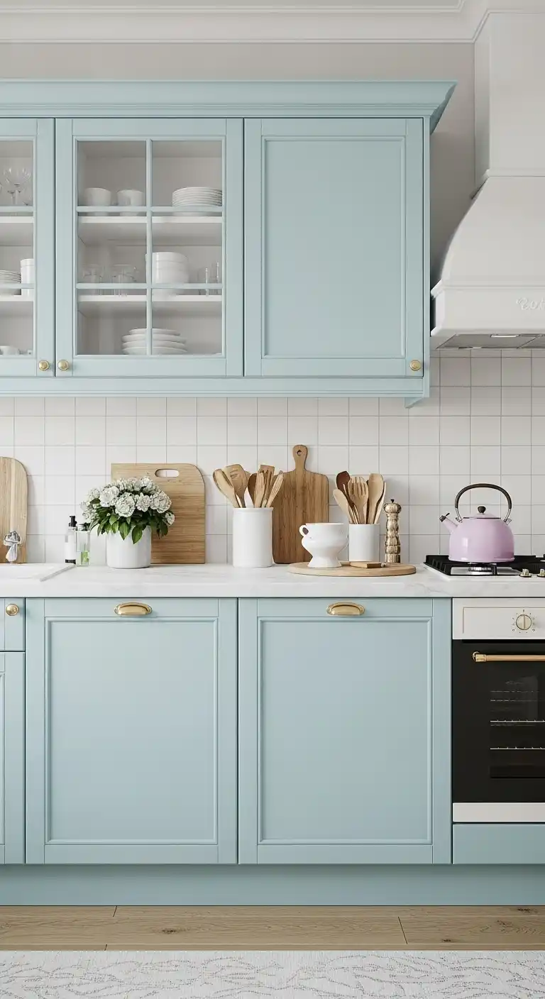 Light Blue Kitchen Cabinets with Pastel Accents