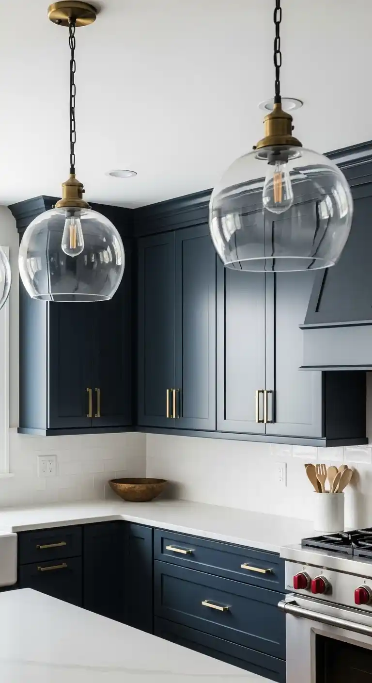 Navy Cabinets With Glass Pendant Lighting
