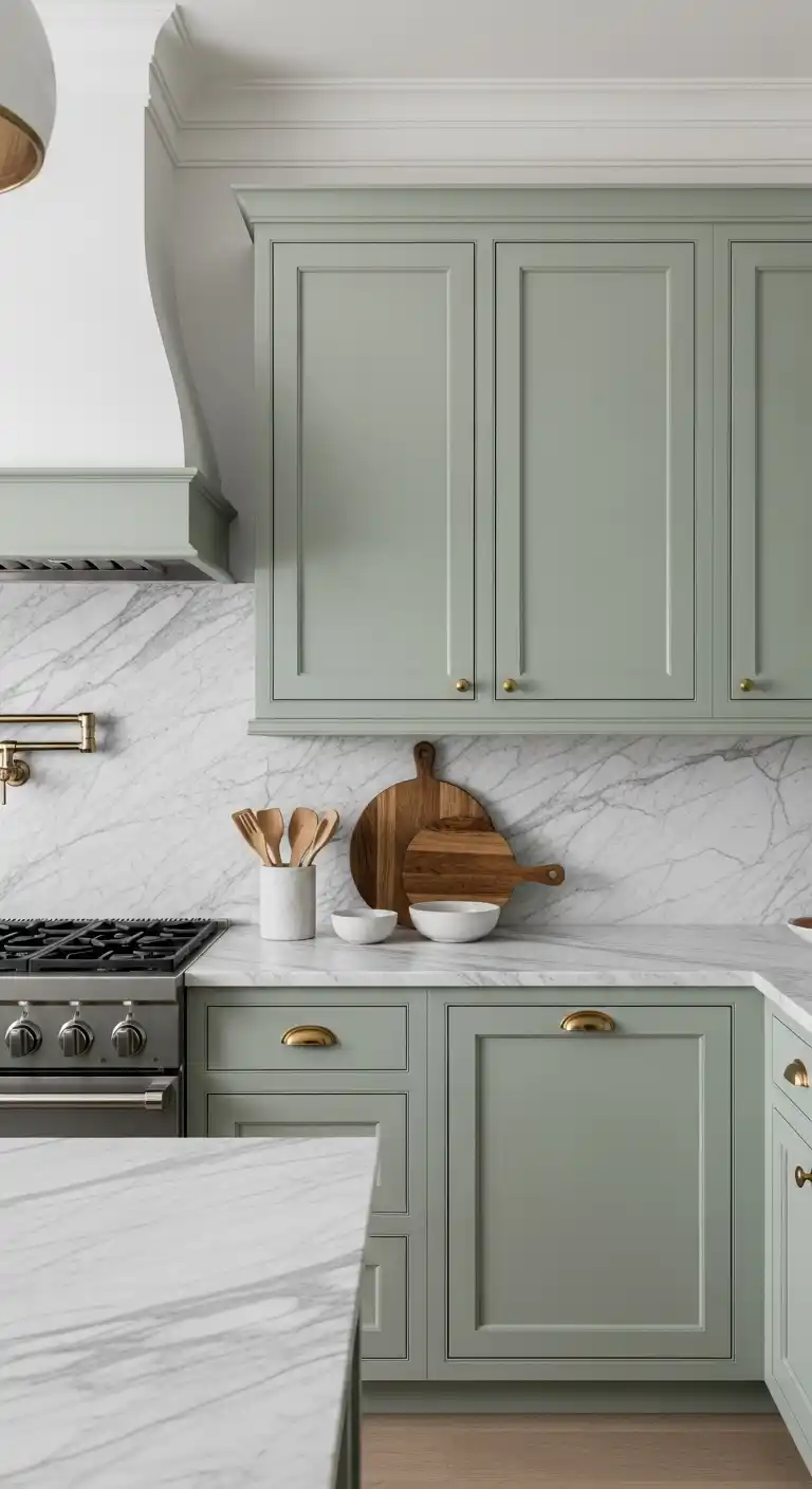 Sage Green Cabinets with Marble Countertops