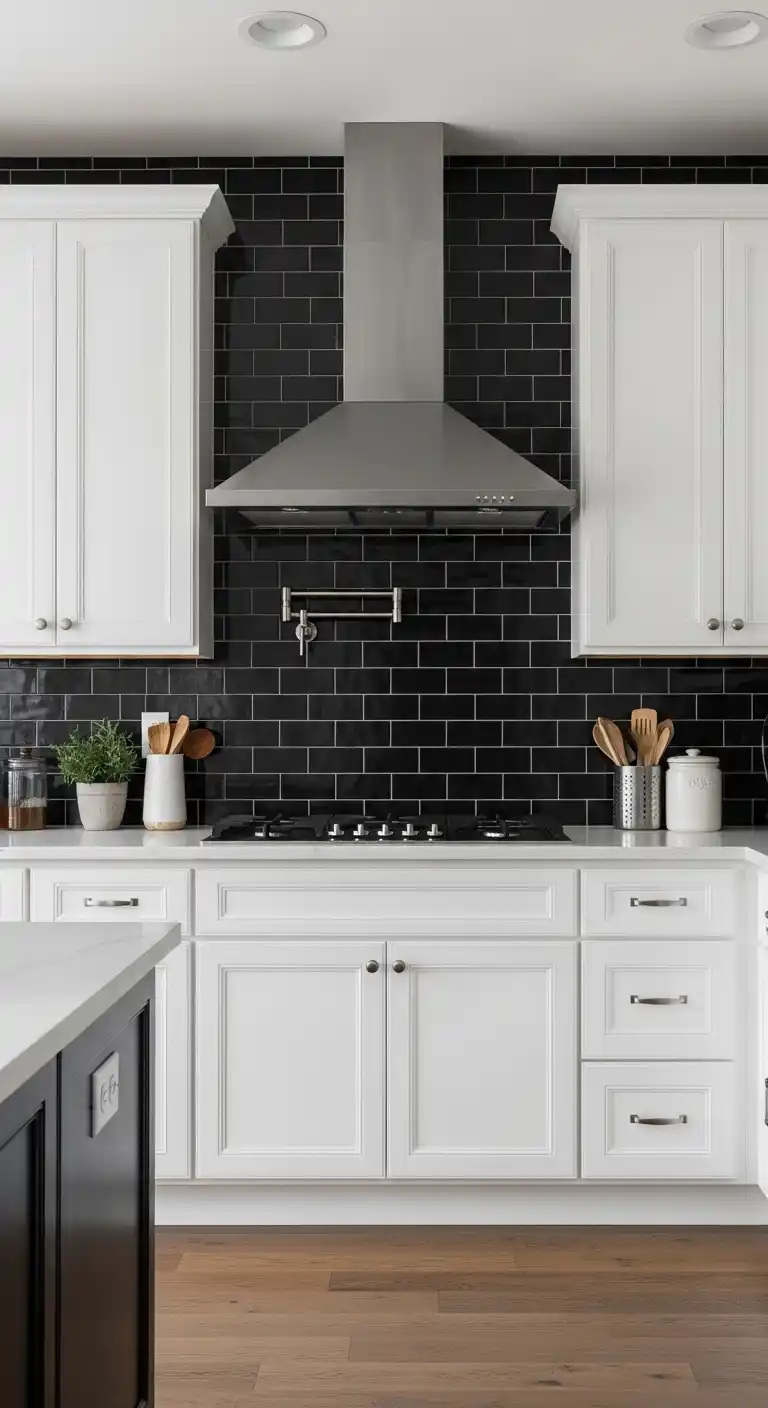 White Cabinets with Black Backsplash