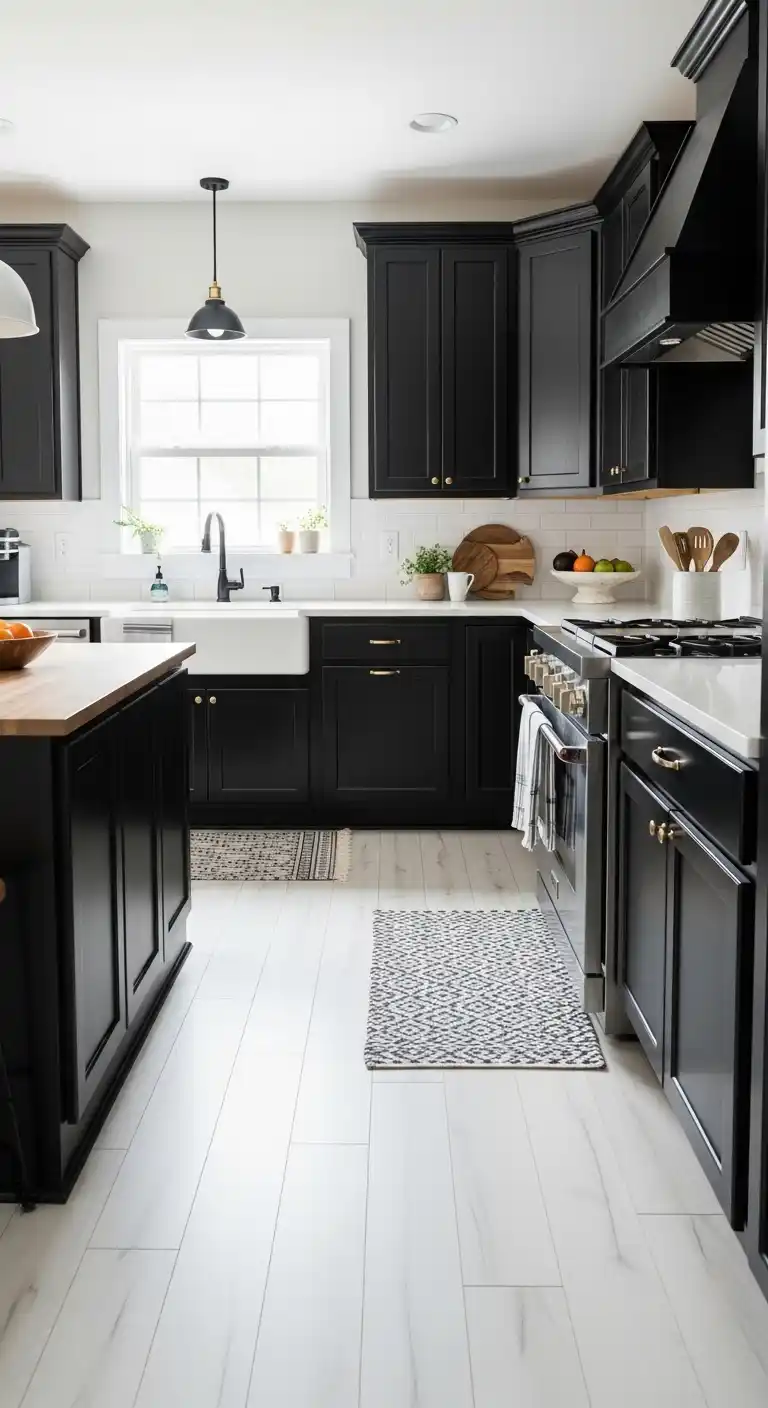 Black Cabinets with White Floors