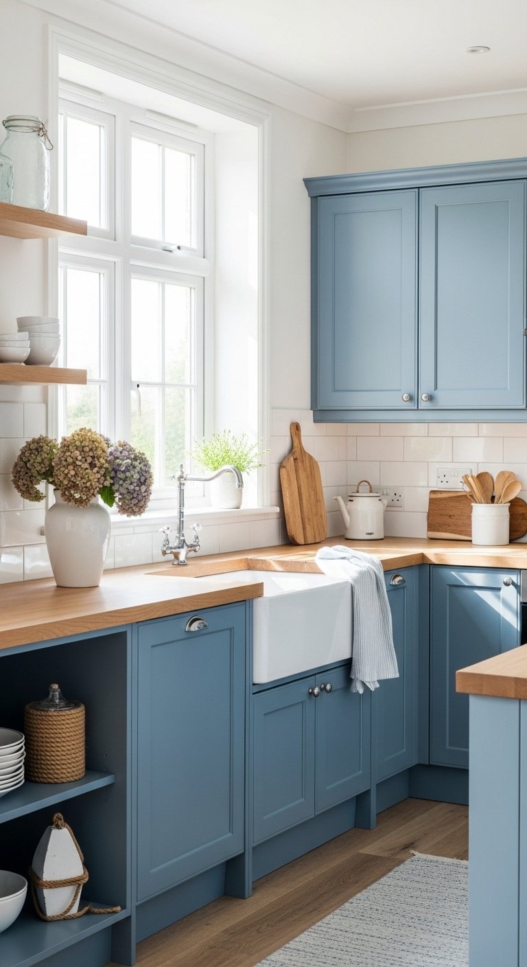 Coastal Blue Kitchen Cabinet Repaint For Relaxed Style