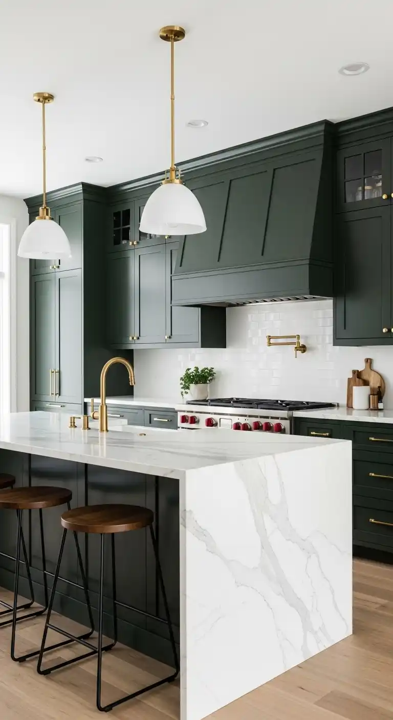 Dark Green Cabinets with White Marble Island