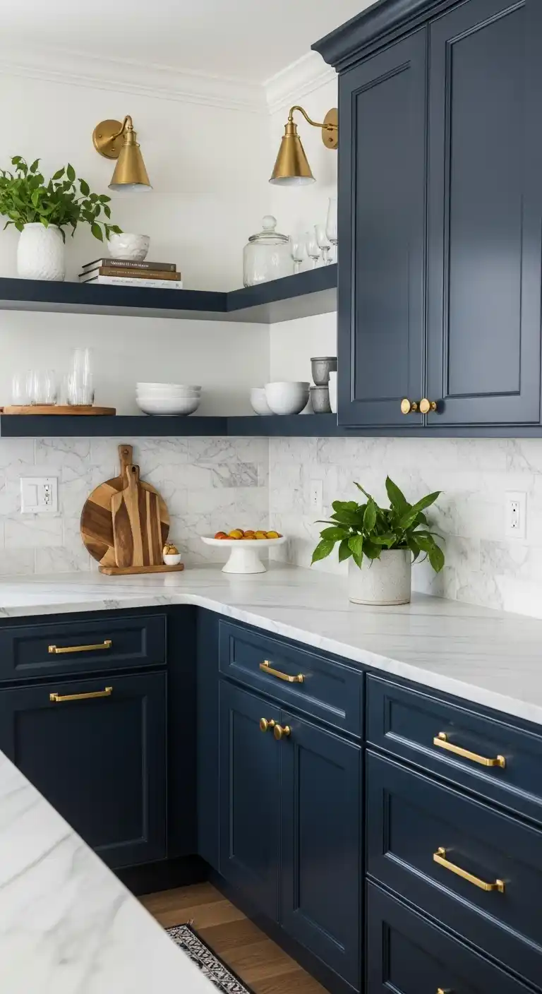 Navy Cabinets With Marble Countertops