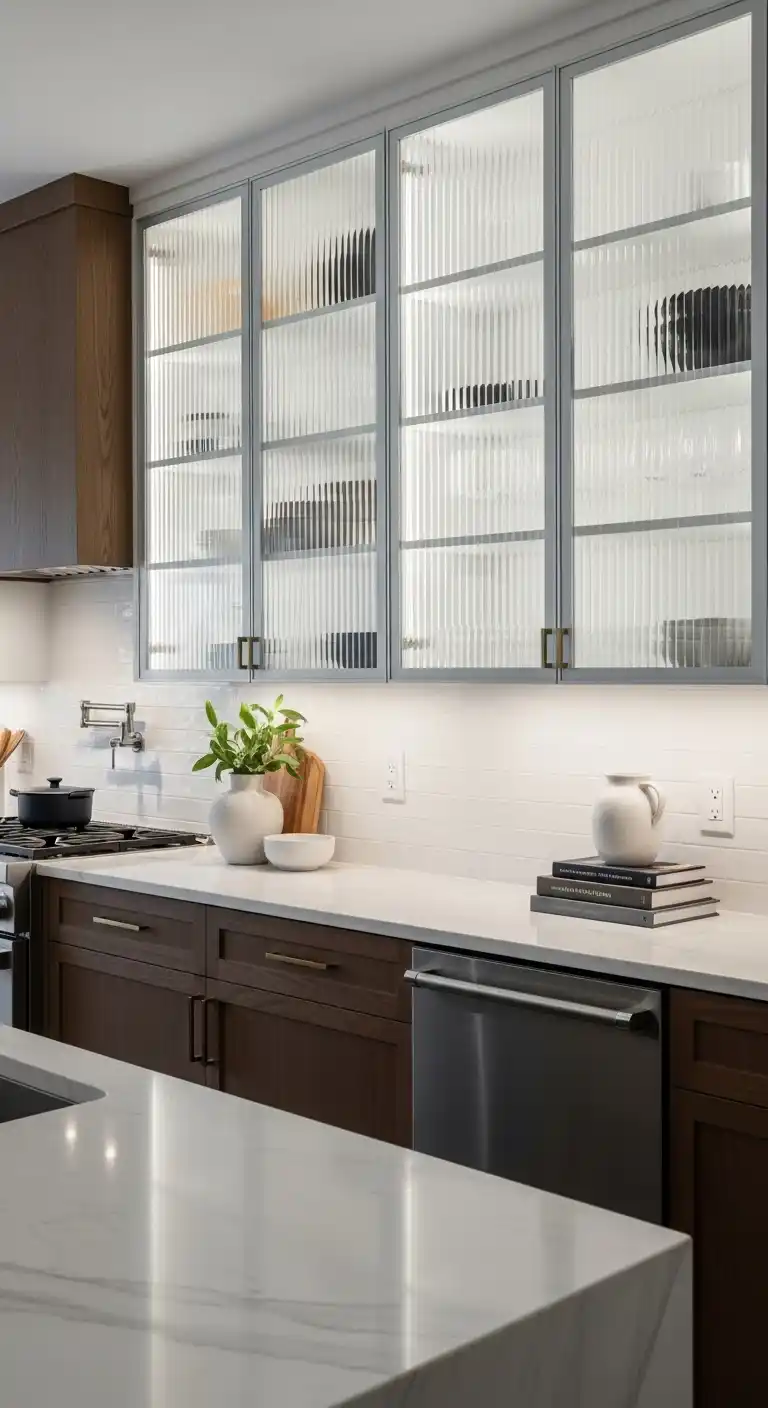 Ribbed Frosted Glass Cabinets for Layered Texture