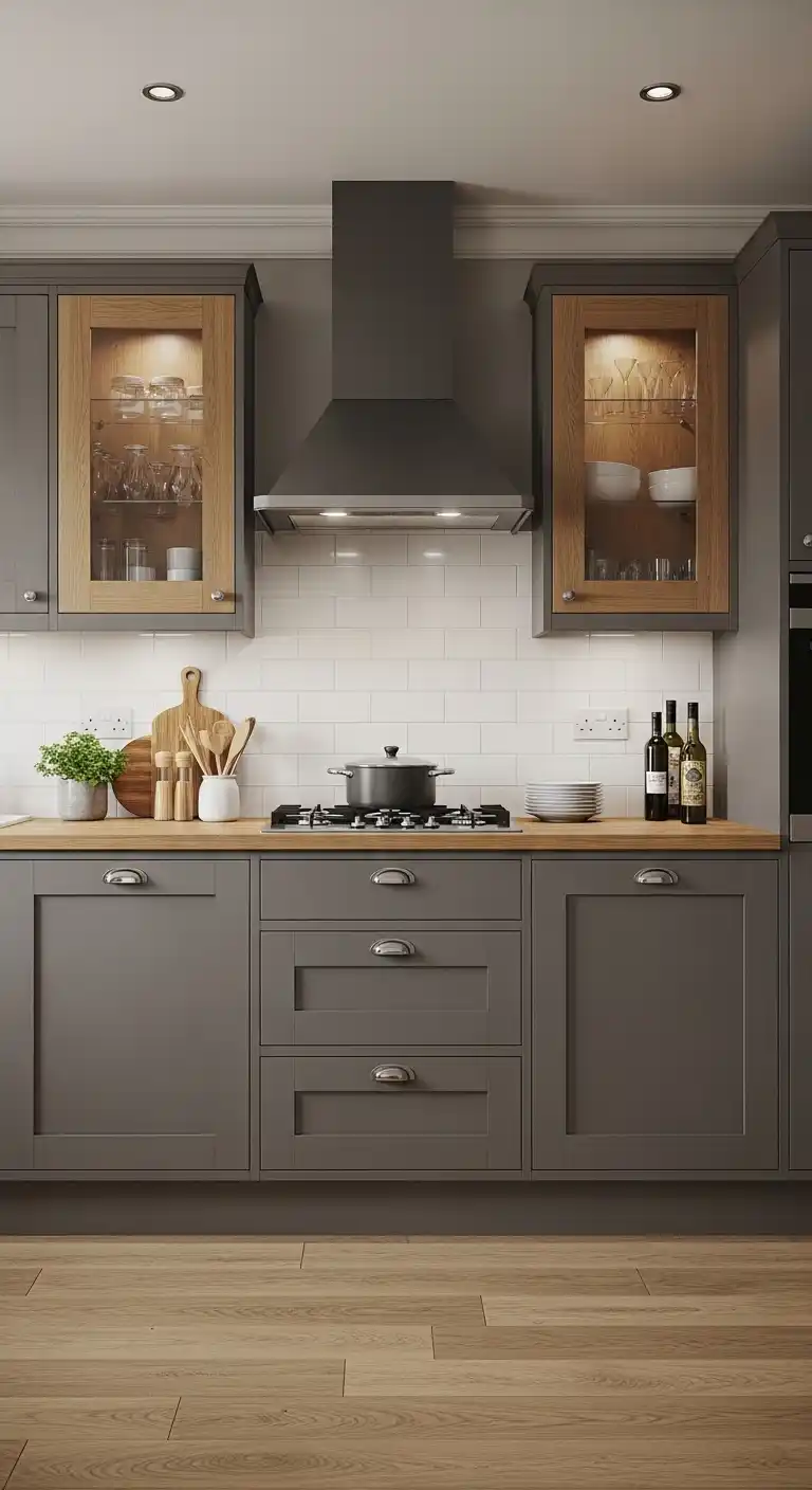 Warm Gray Cabinets with Wood Accents