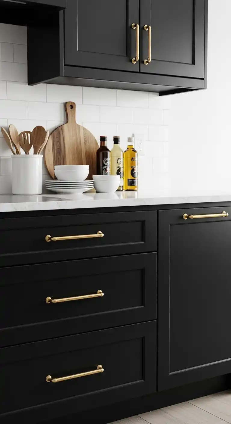 Black Kitchen Cabinets With Brass Hardware Accents