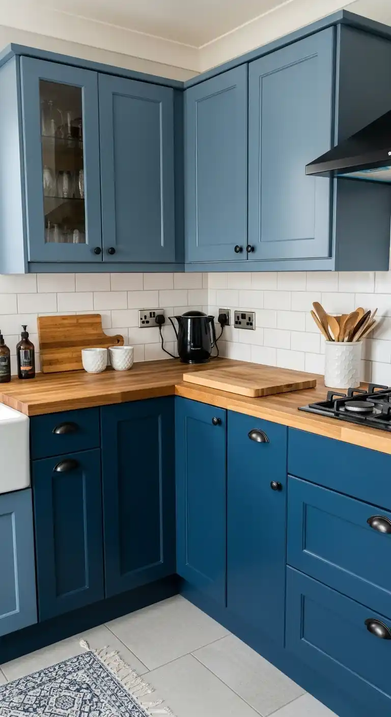 Blue Kitchen Cabinets with Butcher Block Countertops