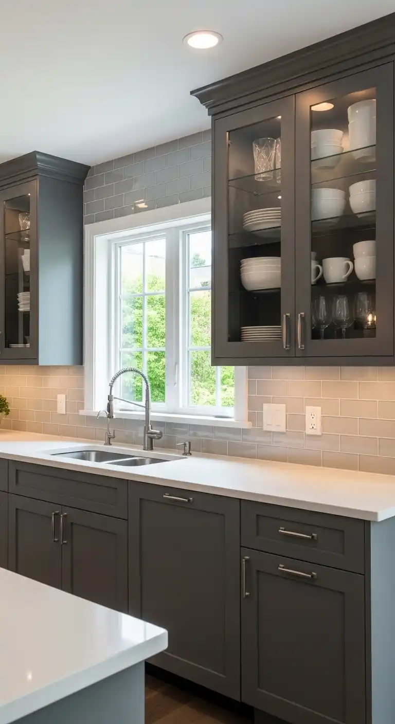 Gray Cabinets with Glass Front Doors