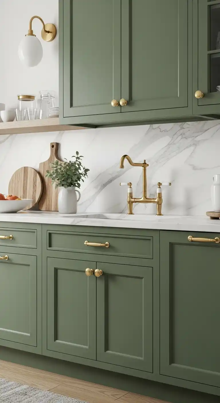 Green Cabinets with Brass Pulls and Knobs