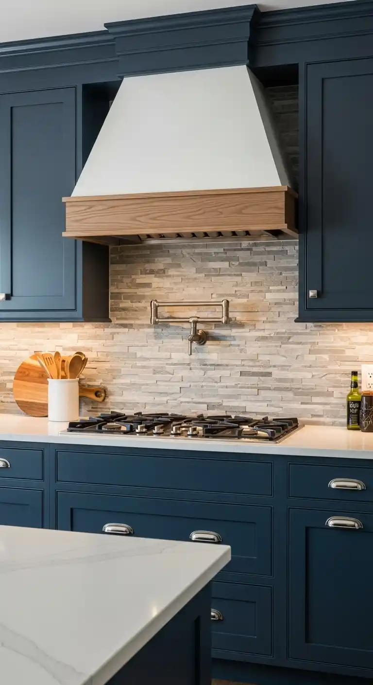 Navy Cabinets With Natural Stone Backsplash