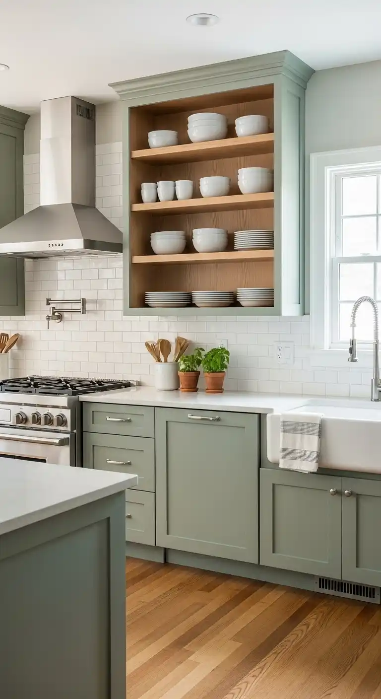 Sage Green Cabinets with Open Shelving