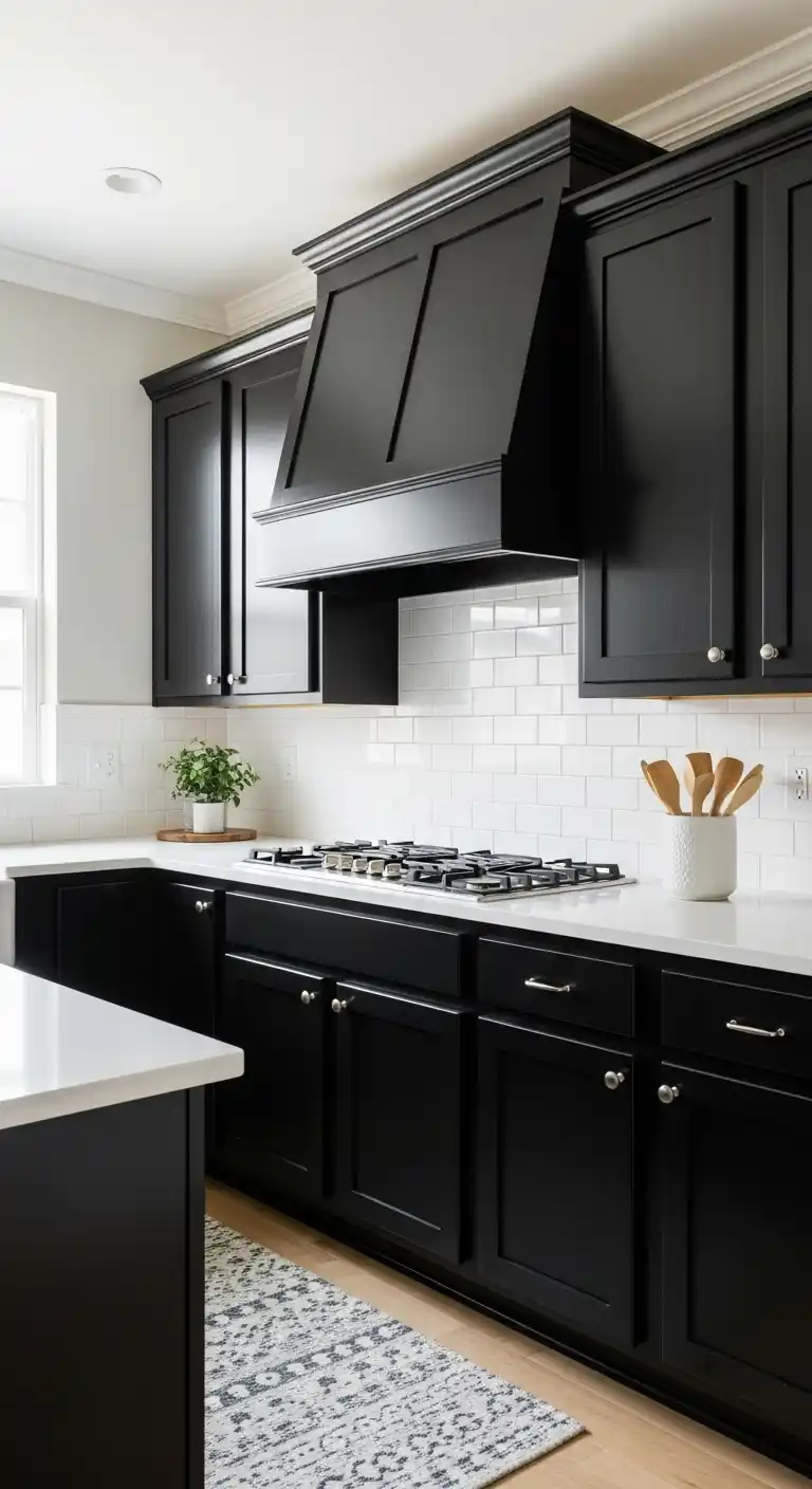 Black Kitchen Cabinets Paired With Crisp White Countertops