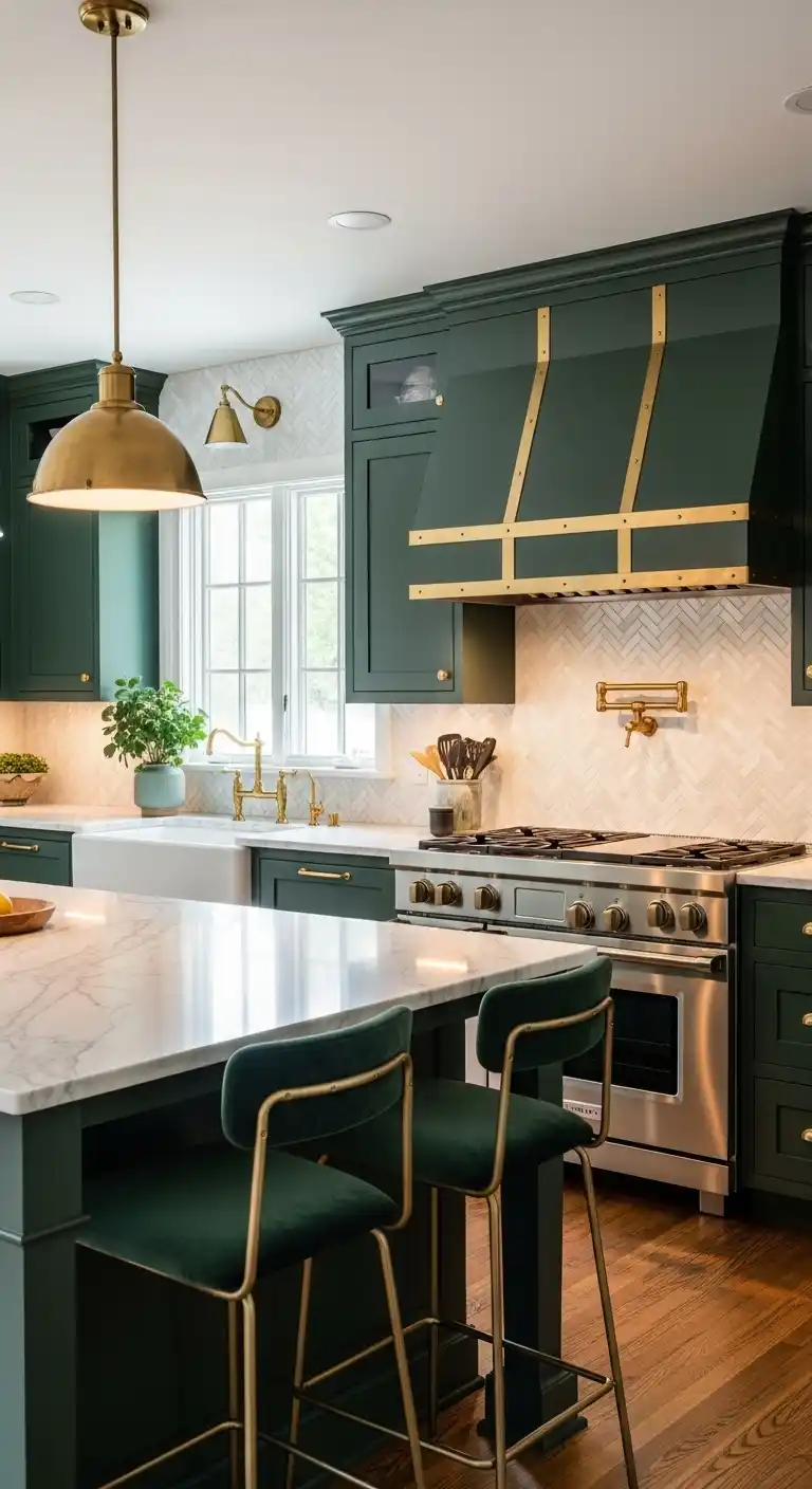 Deep Forest Green Cabinets with Brass Accents